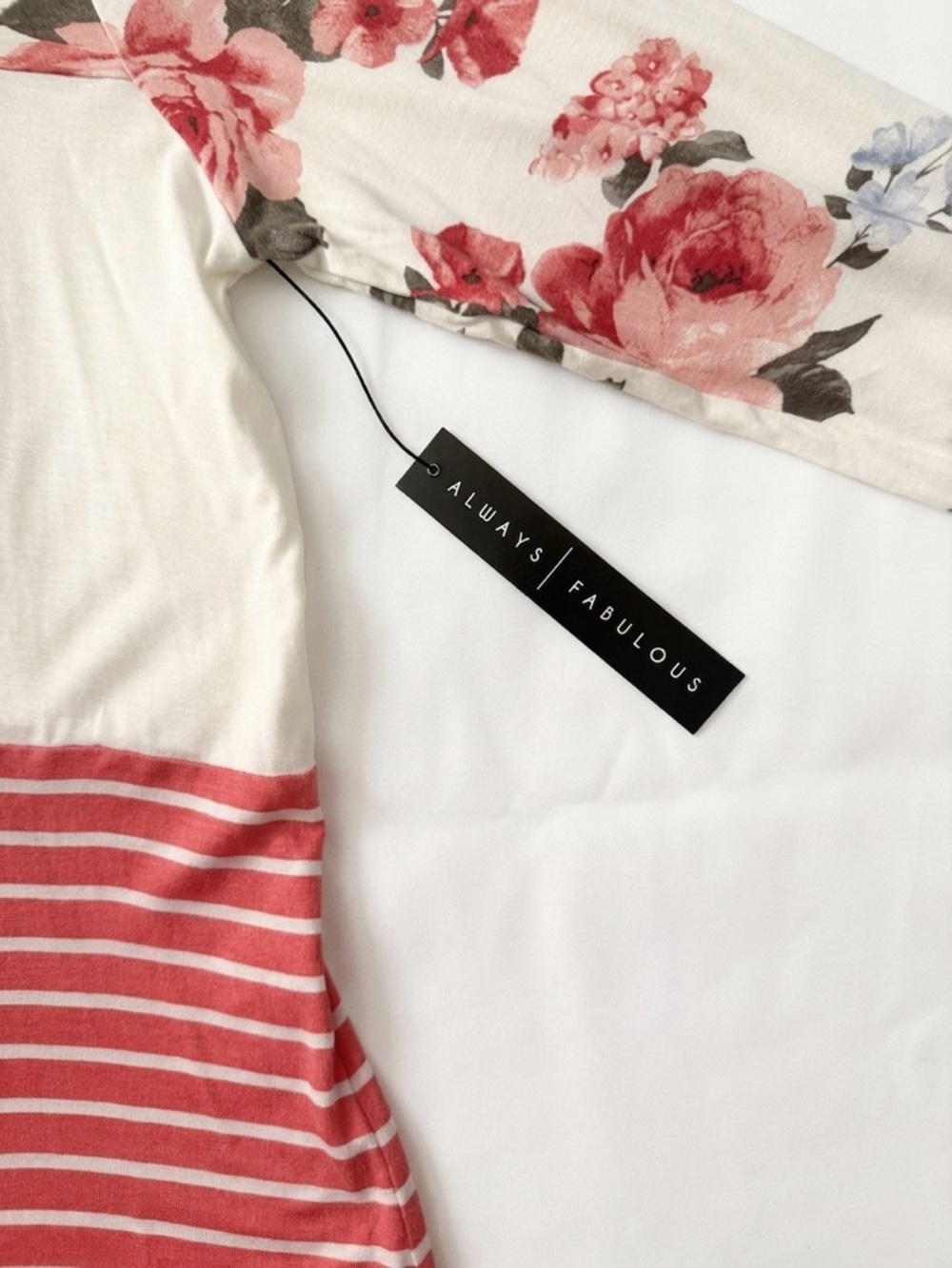 Absolutely Famous Cream Top with Coral Floral Sleeves & Stripe Hem - Picture 10 of 10
